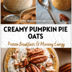 A glass jar of Pumpkin Pie Overnight Oats topped with pecans and Pumpkin Pie Spice beside a spoon of chia.